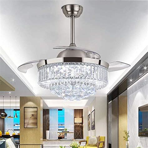 36 inches Crystal Ceiling Fan Light Fixture with Light and Remote Control 36 Inch Invisible Chandelier Fan with Retractable Blades Brushed Nickel Fandelier for Bedroom Dining Room Kid Room Living Room