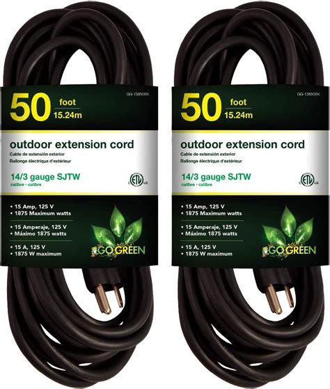 GoGreen Power (GG-13850BK) 14/3 50’ SJTW Outdoor Extension Cord, Black, 50 Ft