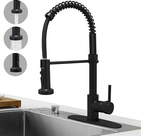 Hoimpro Matte Black Spring Kitchen Faucet with Pull Down Sprayer, Rv Black Kitchen Sink Faucet with Pull Out Sprayer,3 Function Single Handle Laundry Faucet with Cover Plate,Brass(Single or 3 Hole)
