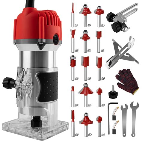 Get Discount 70% Price JKH-WIN Compact Router Eletric Wood Palm Router Tool 800W 110V Hand Trimmer Woodworking Router with 12PCS 1/4" Router Bits Joiner Cutting Palmming Tool, 30000R/MIN