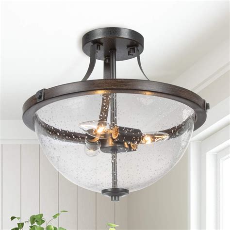 Get Special Price LOG BARN Semi Flush Mount Ceiling Light 15.5" Wide Farmhouse Ceiling Fixture with Seeded Glass in Matte Black Wooden Finish for Entryway, Dining Room, 2-Light