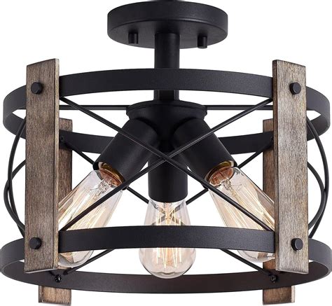 Get Special Price LOG BARN Semi Flush Mount Ceiling Light 15.5" Wide Farmhouse Ceiling Fixture with Seeded Glass in Matte Black Wooden Finish for Entryway, Dining Room, 2-Light