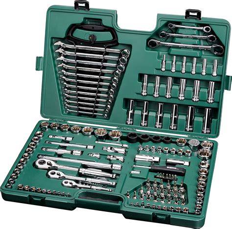 SATA ST09510SJ 150-Piece Metric/SAE Socket Wrench Set, 1/4”, 3/8” and 1/2” Drive, 6 and 12 Point, Polished, in Storage Case, Green