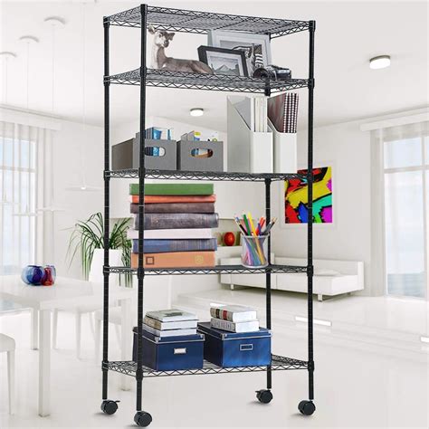 Storage Shelves Metal Wire Shelving Unit 5-Tier NSF Heavy Duty Organizer Height Adjustable Utility Rolling Steel Garage Shelving 14"W x 30"L x 60"H Commercial Grade Layer Shelf Rack with Wheels Black