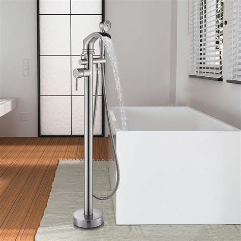 Votamuta Floor Mounted LED Light Swivel Spout Bathtub Shower Faucet Set Single Handle Free Standing Tub Filler Shower Mixer Tap with Hand Sprayer ORB