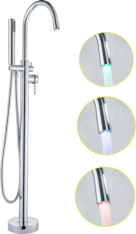 Votamuta Floor Mounted LED Light Swivel Spout Bathtub Shower Faucet Set Single Handle Free Standing Tub Filler Shower Mixer Tap with Hand Sprayer ORB