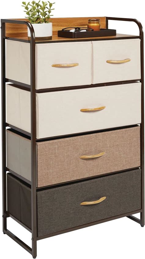 mDesign Tall Dresser Storage Tower Stand - Sturdy Steel Frame, Wood Top, 4 Drawer Easy Pull Fabric Bin - Organizer for Bedroom, Hallway, Entryway, Closet - Textured Print - Light Yellow/White