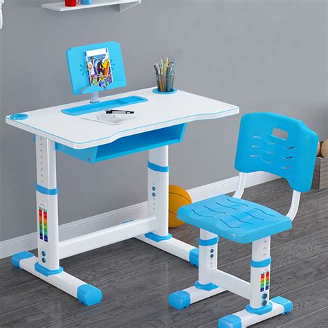 slopehill Kids Table and Chair Set, Children Desk,Height Adjustable Toddler Table and Chair Set, Student Writing Desk for School Bedroom w/Lamp, Pull Out Drawer Storage, Pencil Case, Bookstand (Blue)